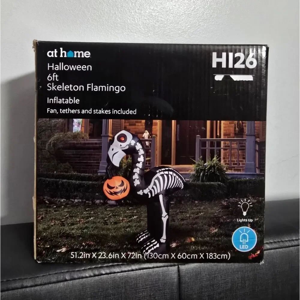 6 ft Lighted Skeleton Flamingo Halloween Inflatable Yard Decoration with Pumpkin